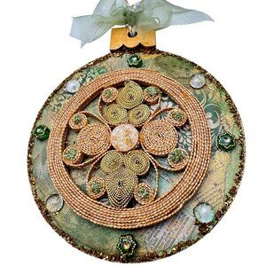 Handcrafted Ornament OOAK Collage Crystal Gold Green Scroll  Accents 3" Ribbon